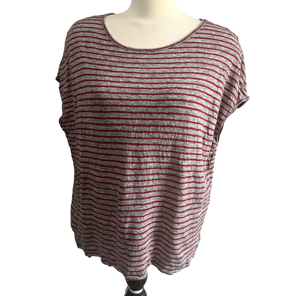 Madewell LInen Grey & Red Striped Short Sleeve Blouse Sz Medium Womens Casual So
